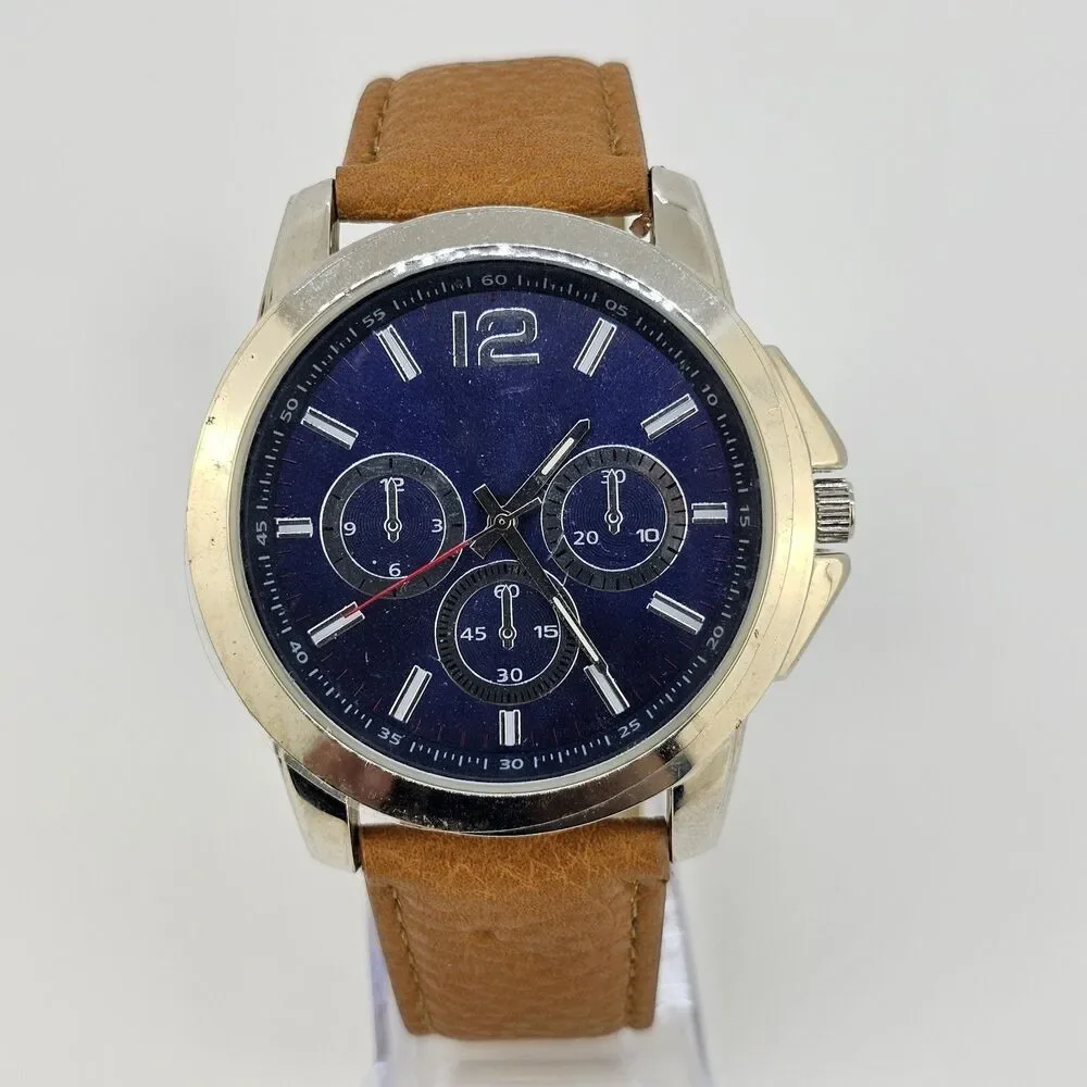 Men's Watch 47MM‎ Blue Dial Brown Faux Leather Bands New Battery
